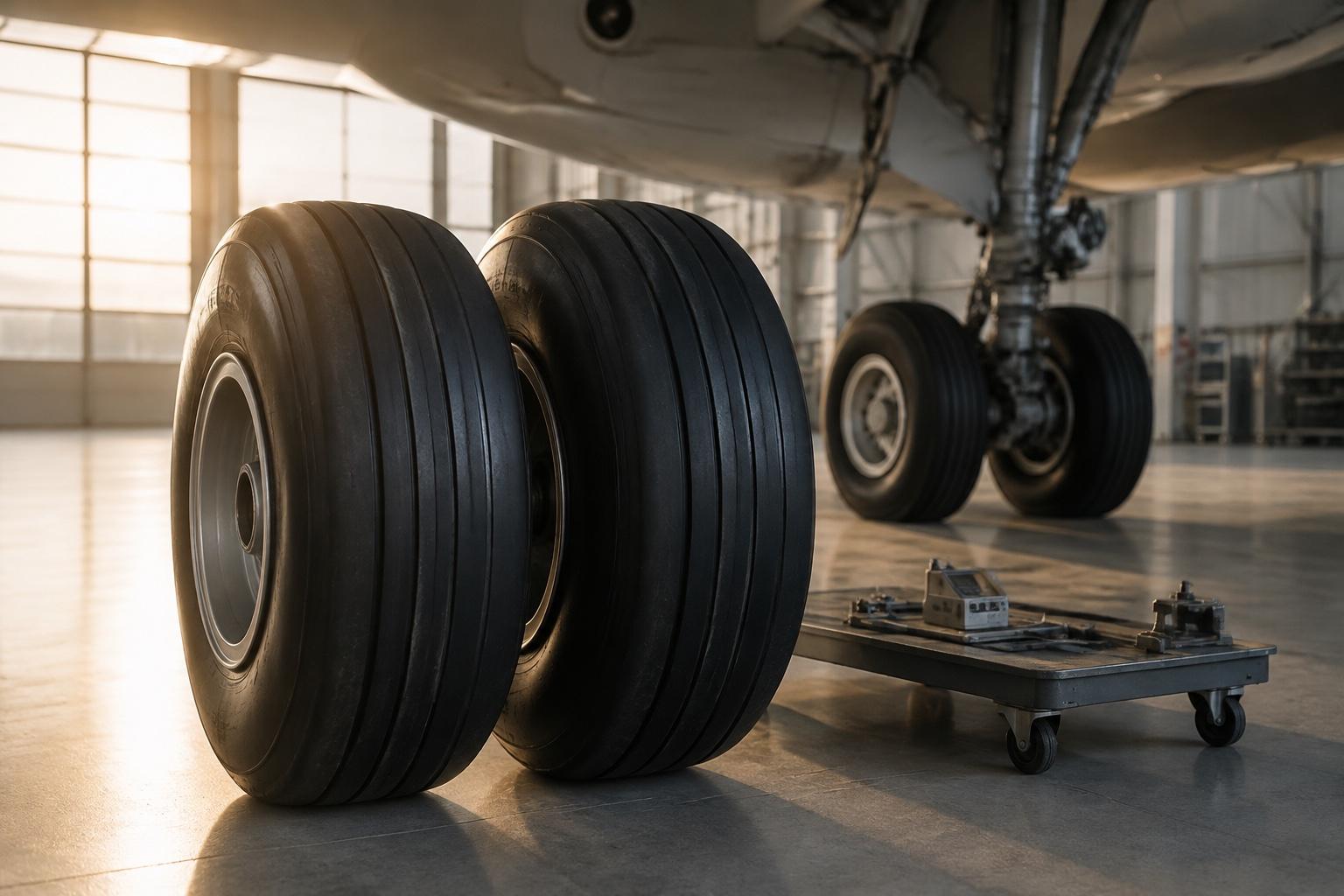 Aircraft tires staged for inspection in a maintenance hangar