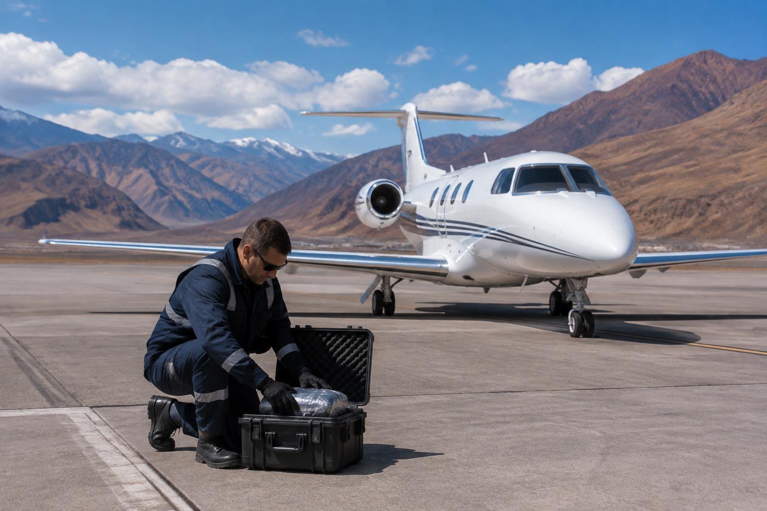Business jet and technician with a sealed component case at a mountain airport