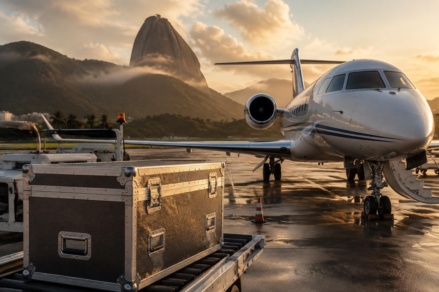Business jet and aviation parts case on a South American airport ramp
