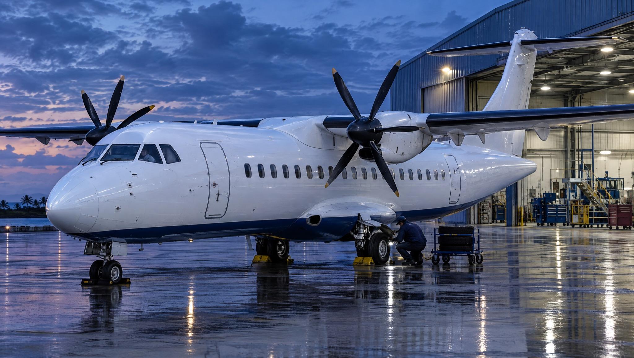ATR 72-600 turboprop parked outside a maintenance hangar at dusk while a technician inspects the main wheel and brake