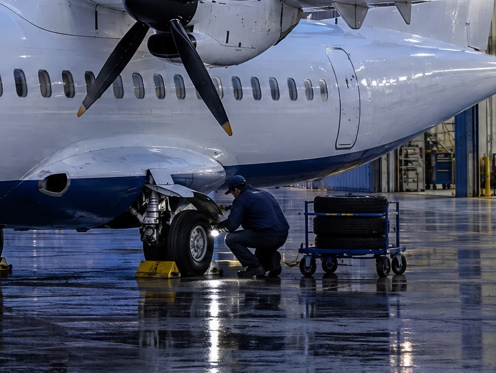 Technician inspecting the main wheel and brake of an ATR 72-600