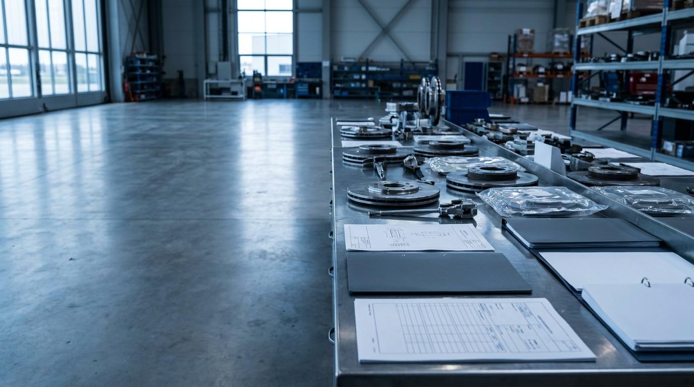 Aircraft components and documentation arranged for inspection in a maintenance hangar