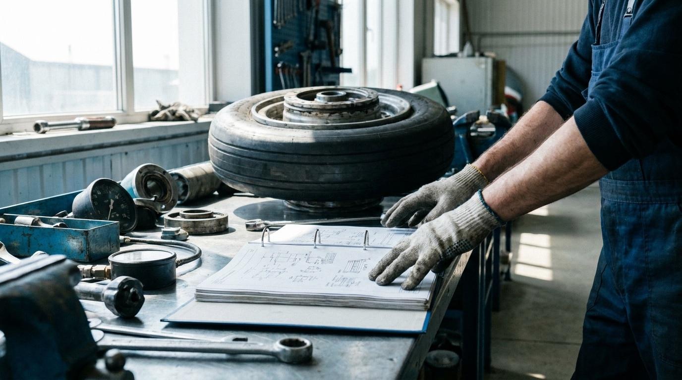 Aviation technician reviewing component documentation beside an aircraft wheel