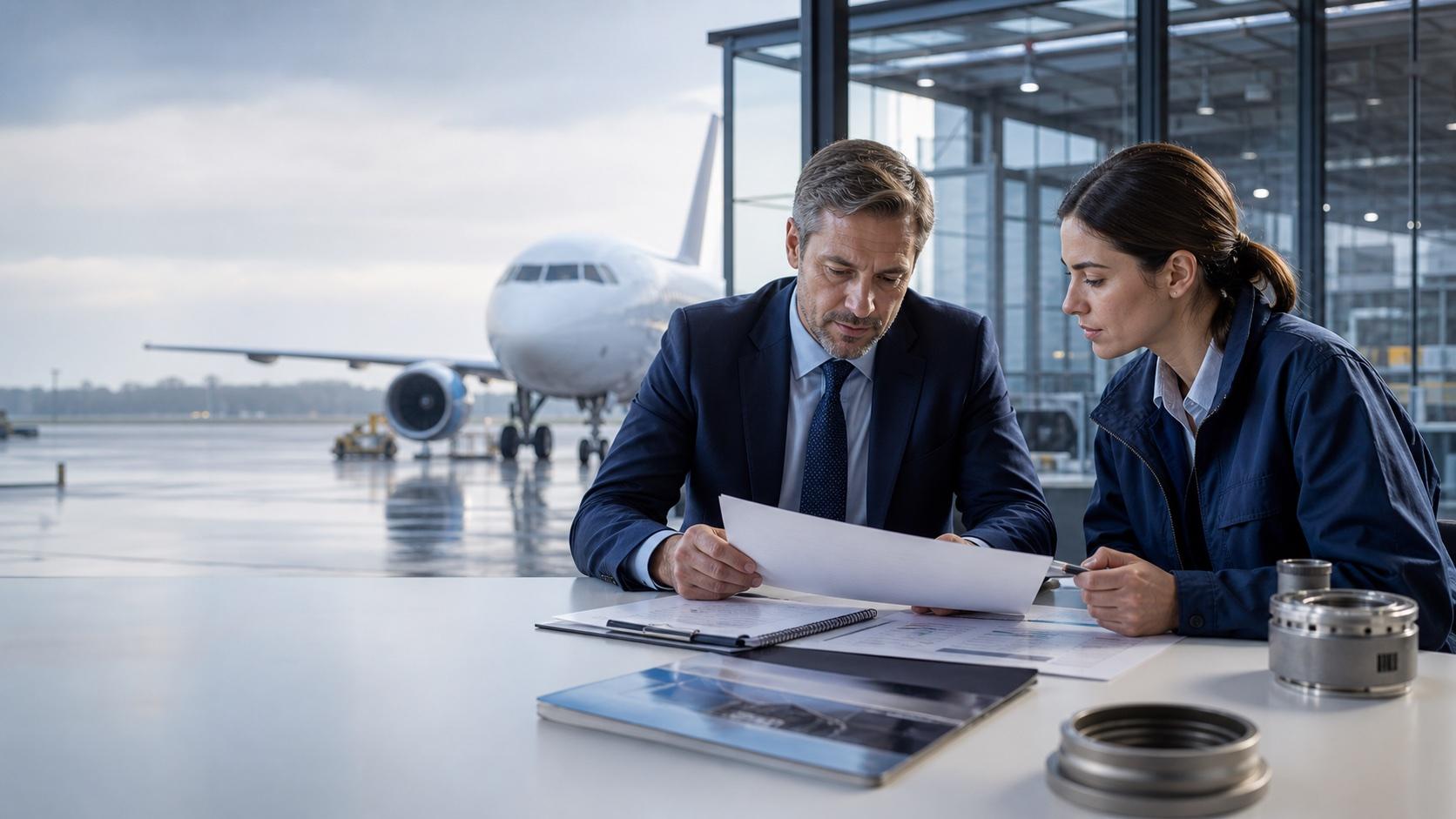 Aviation procurement and technical specialists reviewing an aircraft parts requirement near a flight line