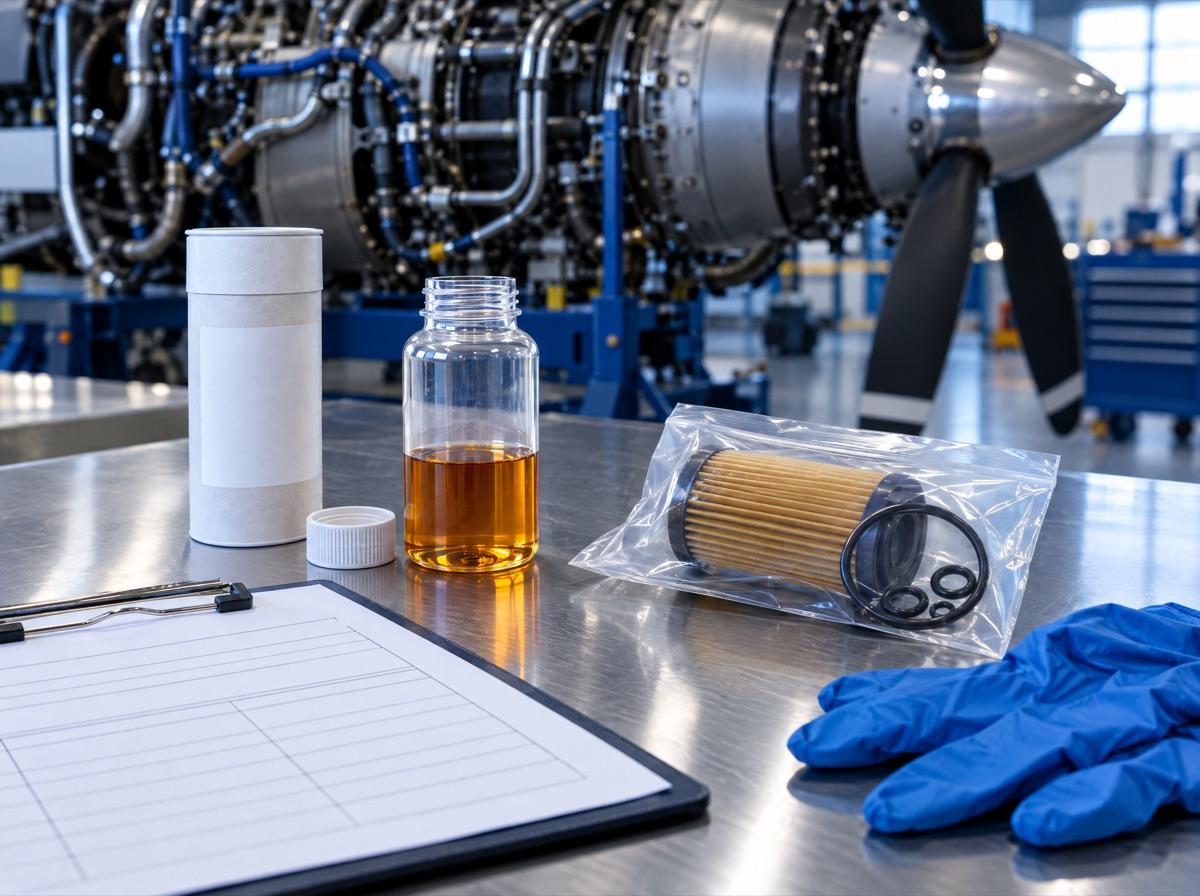 Oil sample bottle, filter bag and O-rings from an engine oil analysis kit on a maintenance workbench
