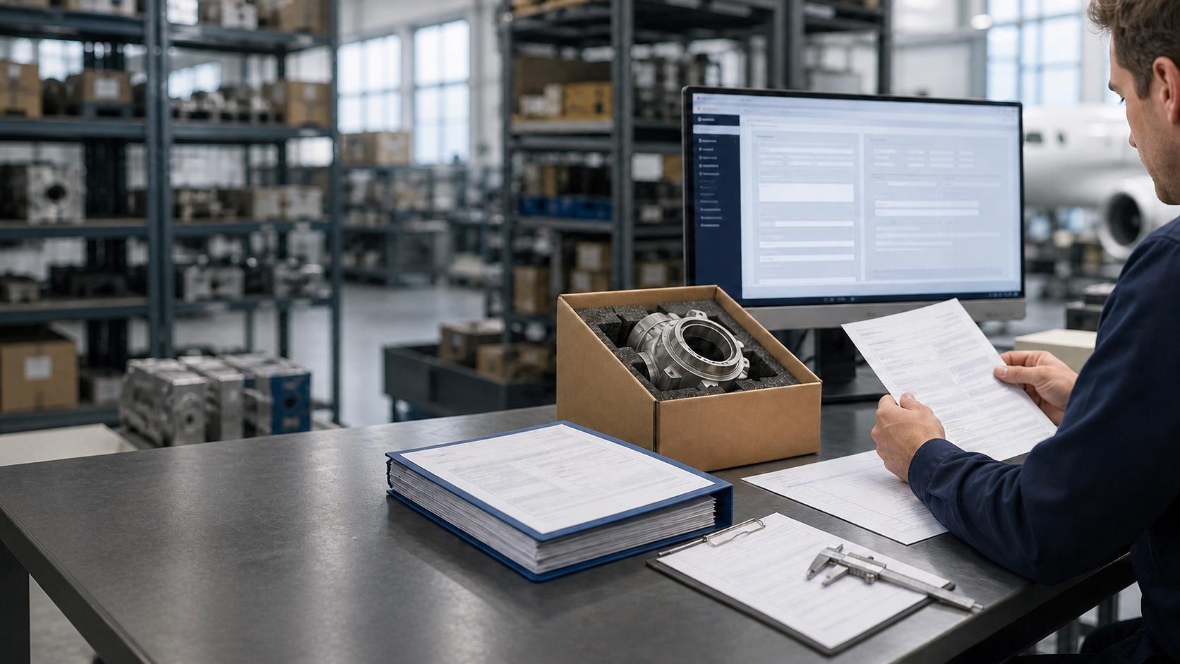 Aviation sourcing professional organizing an aircraft component request with supporting paperwork